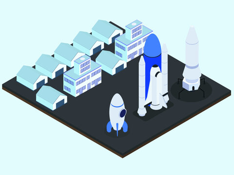 Spaceship startup innovation on the launching area near the factory building. Isometric vector concept