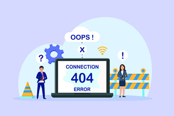 Error web page vector concept: Business team working together to repair web page error with connection 404 error on screen