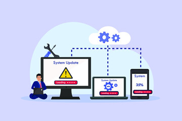 Fototapeta na wymiar System update vector concept: Young businessman sitting with system update software on his devices 