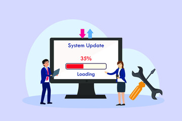 System update vector concept: Businesswoman and man standing with software upgrade system software while using laptop