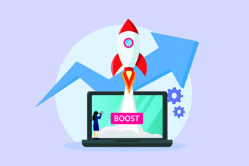 Business boost vector concept: Businesswoman looking at button boost on laptop while rocket flying