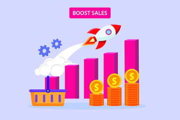Boost Sales vector concept. Financial diagram with flying rocket, shopping cart, and stack of coins