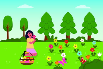 Obraz na płótnie Canvas Flower garden vector concept: Young woman taking colorful flower in the garden while sitting on the grass