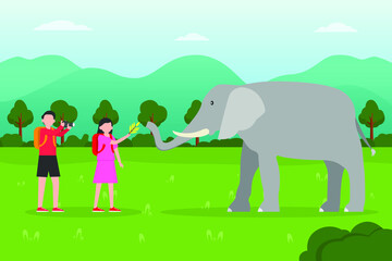 Obraz na płótnie Canvas Ecotourism vector concept: Young people feeding big elephant in savanna while giving leaves to elephant