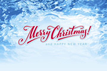 Merry Christmas hand drawn lettering on blue ice background