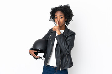 Young African American woman with a motorcycle helmet isolated on white background doing silence...