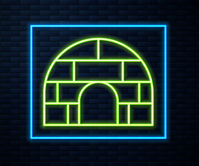 Glowing neon line Igloo ice house icon isolated on brick wall background. Snow home, Eskimo dome-shaped hut winter shelter, made of blocks. Vector