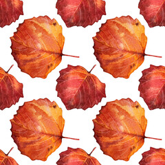 Autumn seamless pattern watercolor hand-drawn red, orange leaf isolated on white. Forest nature plant foliage leaves. Creative background for  halloween, sticker, card, wallpaper, wrapping