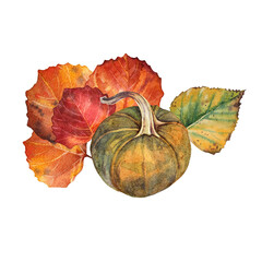 Watercolor composition autumn plant food. Yellow pumpkin, orange and green branch leaves isolated on white background. Hand-drawn clip art for notebook, card, sketchbook, sticker, menu