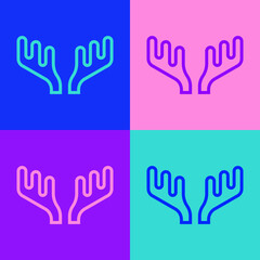 Pop art line Deer antlers icon isolated on color background. Hunting trophy on wall. Vector