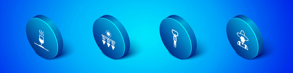 Set Isometric Wine tasting, degustation, Bottle opener, Farmer the hat and Drying grapes icon. Vector