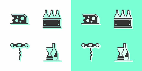 Set Bottle of wine, Cheese, Wine corkscrew and Bottles box icon. Vector