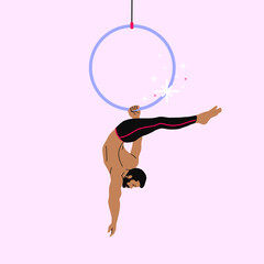 Acrobat performer with ring.  circus artist Hanging from ring.  acrobatics live show.  professional Performing Arts on stage.  professional male acrobat.  strong flexible athlete .