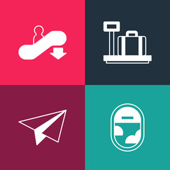 Set pop art Airplane window, Paper airplane, Scale with suitcase and Escalator down icon. Vector