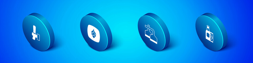 Set Isometric Beer tap, brewing process, bottle and beer can and Hop icon. Vector