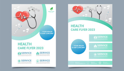 Health Care flyer brochure template design, fmedical healthcare flyer template white background for text, space for picture and blue wavy lines decoration. vector illustration 