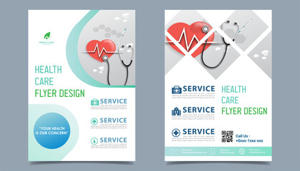 Health Care flyer brochure template design, fmedical healthcare flyer template white background for text, space for picture and blue wavy lines decoration. vector illustration 