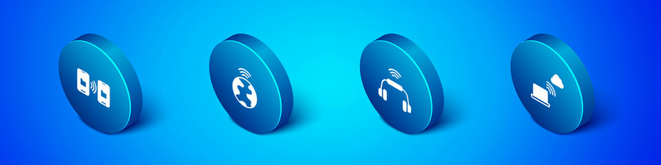 Set Isometric Data transfer and storage, Smart headphones system, Network cloud connection and Global technology icon. Vector
