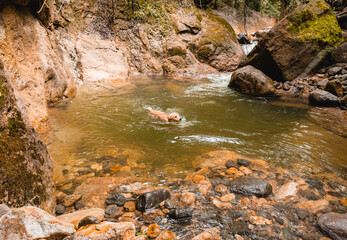 Naklejka premium River in the mountains of the Andes between grasslands, grass typical of the páramo. Small vegetation is observed at the beginning of the river and leafy as the mountain range descends.