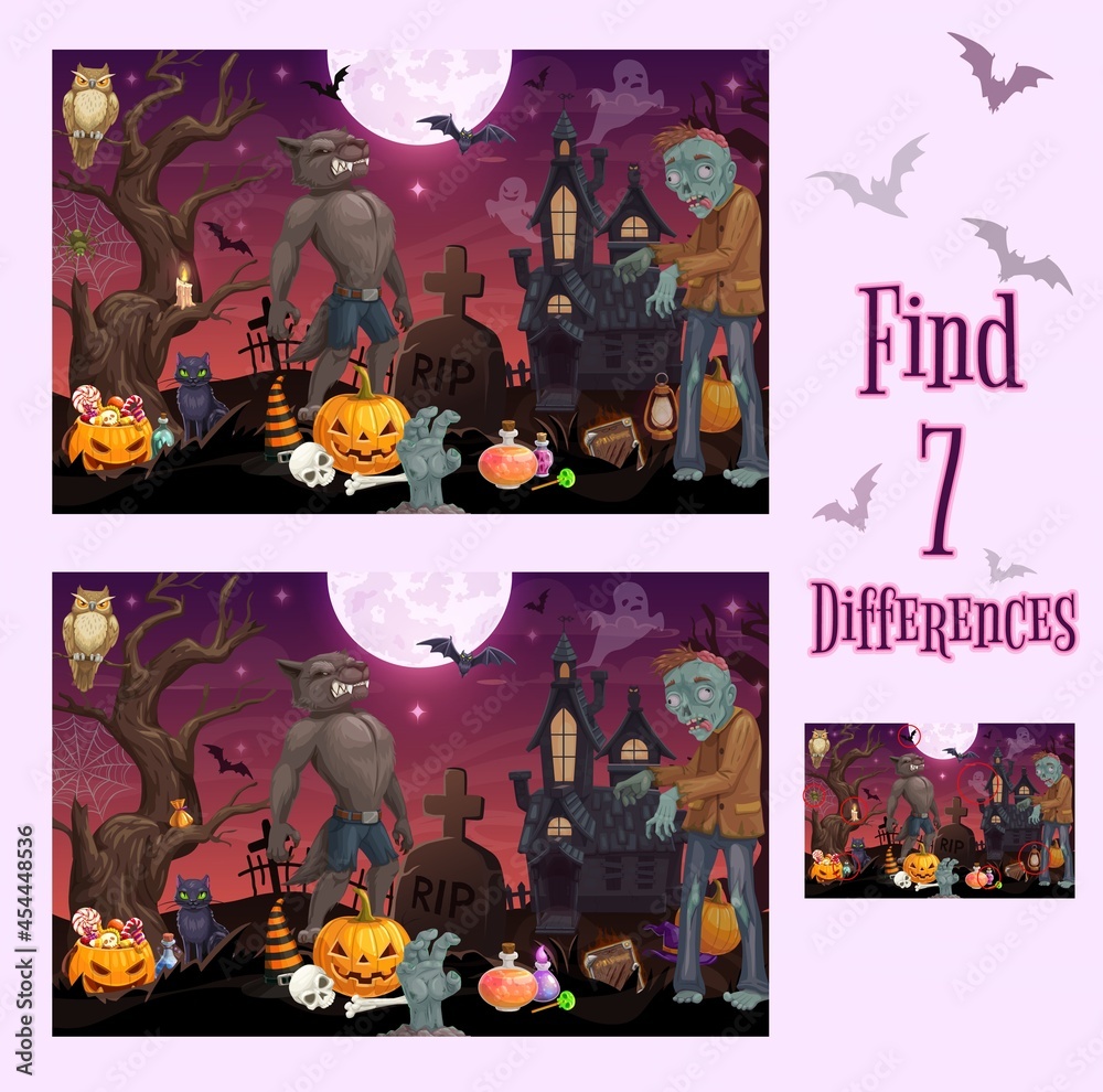 Poster kids game of find or spot differences vector template with cartoon halloween monsters and pumpkins. 