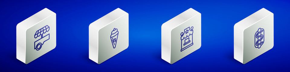 Set Isometric line Fast street food cart, Ice cream in waffle cone, Ticket box office and Hotdog sandwich icon. Vector