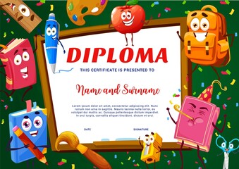 Kids diploma, cartoon school stationery characters. Education vector certificate with funny textbook, pen, apple and pencil sharpener, ruler, palette and backpack with scissors. Award frame template