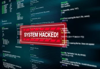 Foto op Plexiglas System hacked, warning alert message on screen of hacking attack, vector. Spyware or malware virus detected warning red message window on computer display, internet cyber security and data fraud © Vector Tradition