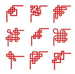 Asian red knots. Chinese, Korean, Japanese embellishment vector set. Decorative corners, Tibetan eternal buddhism spirituality borders. Feng Shui lucky traditional elements, geometric ornament design - obrazy, fototapety, plakaty