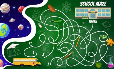 Labyrinth maze space planets and stars, school building, bus, stationery and science formulas. Kids board game, vector riddle with tangled path, start, finish, cartoon and sketch learing items