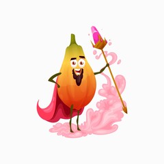 Papaya magician fruit wizard with magic crook in cape isolated cartoon character. Vector smiling emoticon fairy sorcerer, kids children asian pawpaw. Funny exotic food with beard and mustaches on face