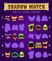 Shadow game find and match correct puzzle, vector activity riddle for children. Shadow match kids game with Halloween cartoon monsters mouth, visual logic quiz with fang teeth and tongues - obrazy, fototapety, plakaty