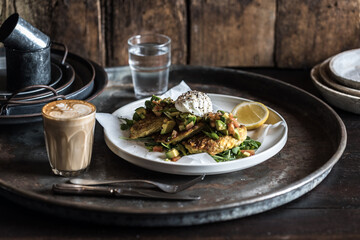 Gourmet Cafe Fritters with Poached Egg & Avocado Salsa