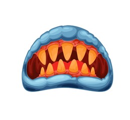 Cartoon monster jaws, mouth and old yellow teeth. Vector creepy zombie or alien maw with blue lips and red tongue. Halloween creature roaring yap, angry beast roar isolated on white background