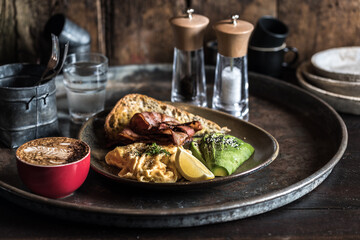 Gourmet Cafe Scrambled Eggs with Bacon, Avocado & Toast