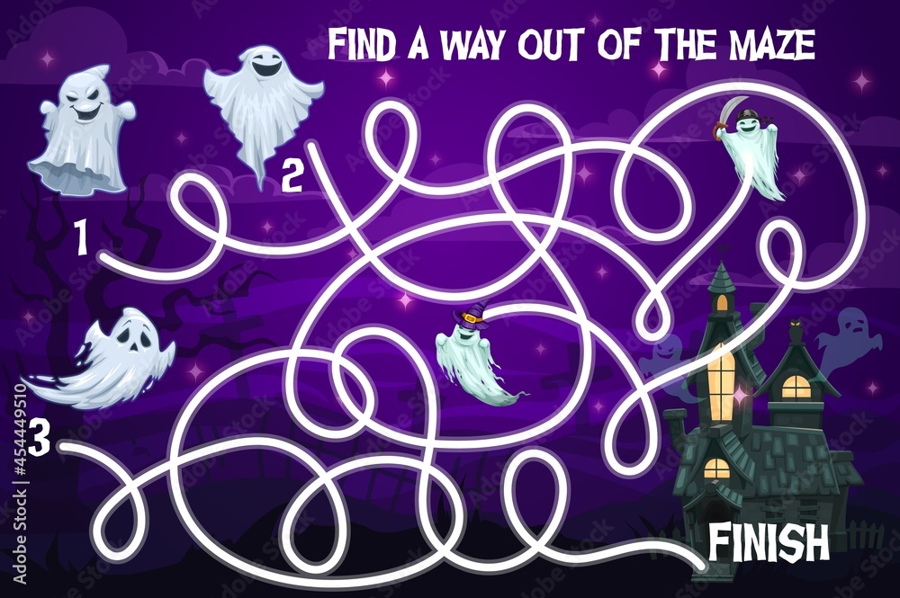 Poster halloween kids labyrinth maze game with funny ghosts. vector puzzle help spooky characters find way 