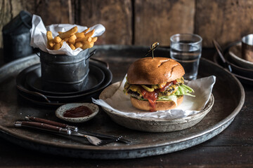 Gourmet Cafe Classic Grilled Beef Burger with Melted Cheese & Hot Chips