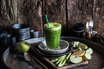 Gourmet Cafe Green Juice Smoothie of fresh Apple, Celery, Spinach, Lemon & Ginger