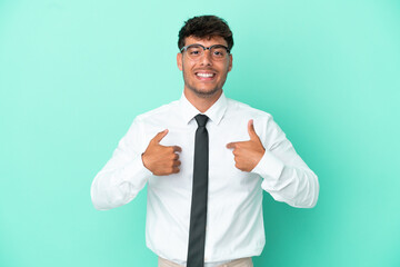 Business caucasian man isolated on blue background with surprise facial expression