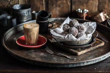 Gourmet Cafe Latte Coffee with Protein Rum Chocolate Balls coated in Coconut