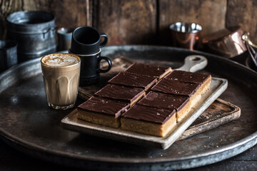 Gourmet Cafe Latte Coffee with Caramel Chocolate Biscuit Slice