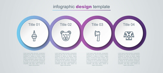 Set line TV CN Tower in Toronto, Bear head, Wooden axe and Hockey jersey. Business infographic template. Vector