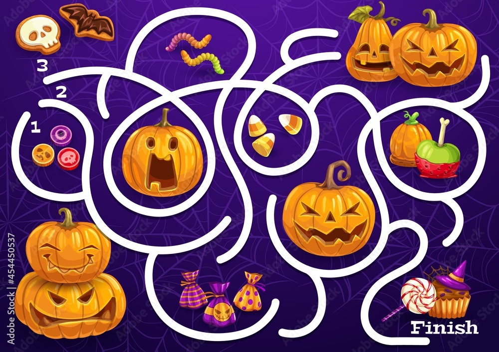 Poster kids maze game with halloween sweets, pumpkins and spider web. vector labyrinth puzzle find correct 
