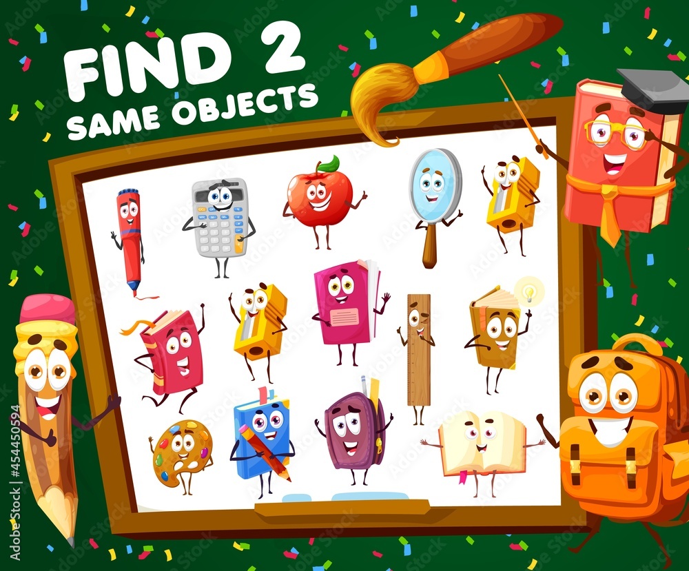 Poster kids game find two same school cartoon characters. vector educational worksheet, child riddle with c