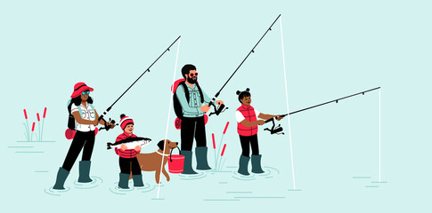 Family fishing trip. Happy biracial family bonding time. Fishing trip in pond ocean and river. mom dad and children with fishing rod.
