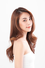 Fototapeta premium Beautiful young asian woman with clean fresh skin on white background, Face care, Facial treatment, Cosmetology, beauty and spa, Asian women portrait.