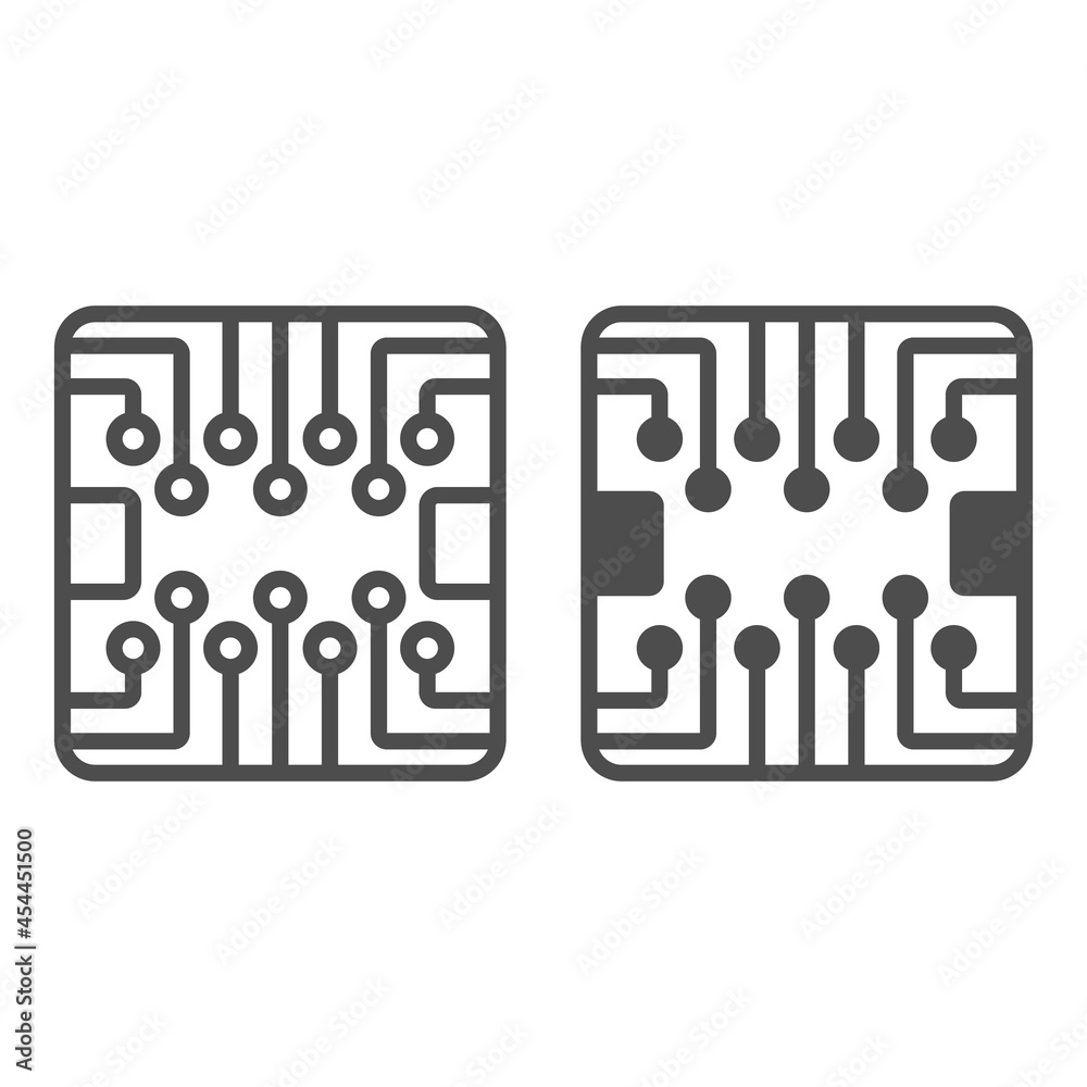Poster pcb layout square shape chip line and solid icon, electronics concept, printed circuit board vector 