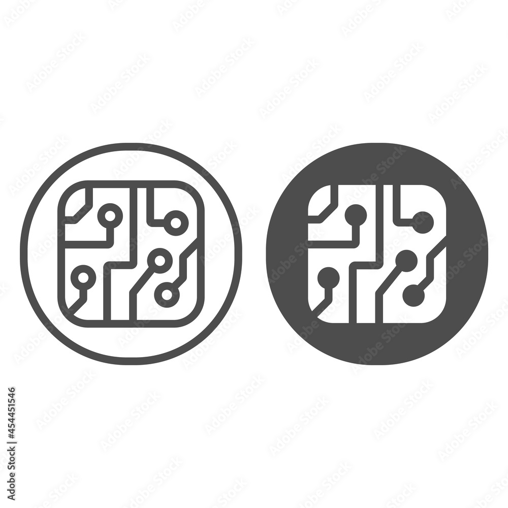 Poster pcb layout in circle line and solid icon, electronics concept, printed circuit board in circle vecto