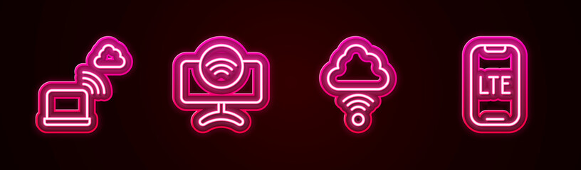 Set line Network cloud connection, Smart Tv system, and LTE network. Glowing neon icon. Vector