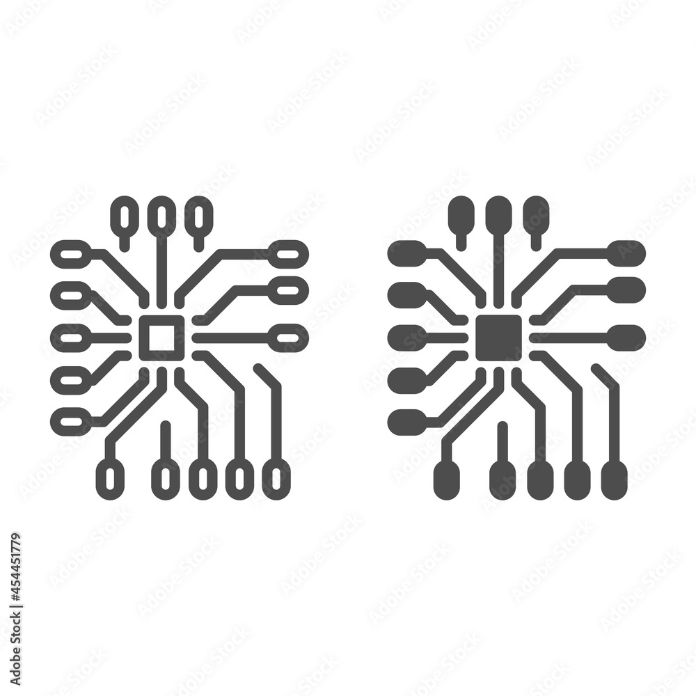 Poster incoming and outgoing contacts for processor line and solid icon, electronics concept, pcb vector si