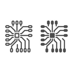 Incoming and outgoing contacts for processor line and solid icon, electronics concept, PCB vector sign on white background, outline style icon for mobile concept and web design. Vector graphics.